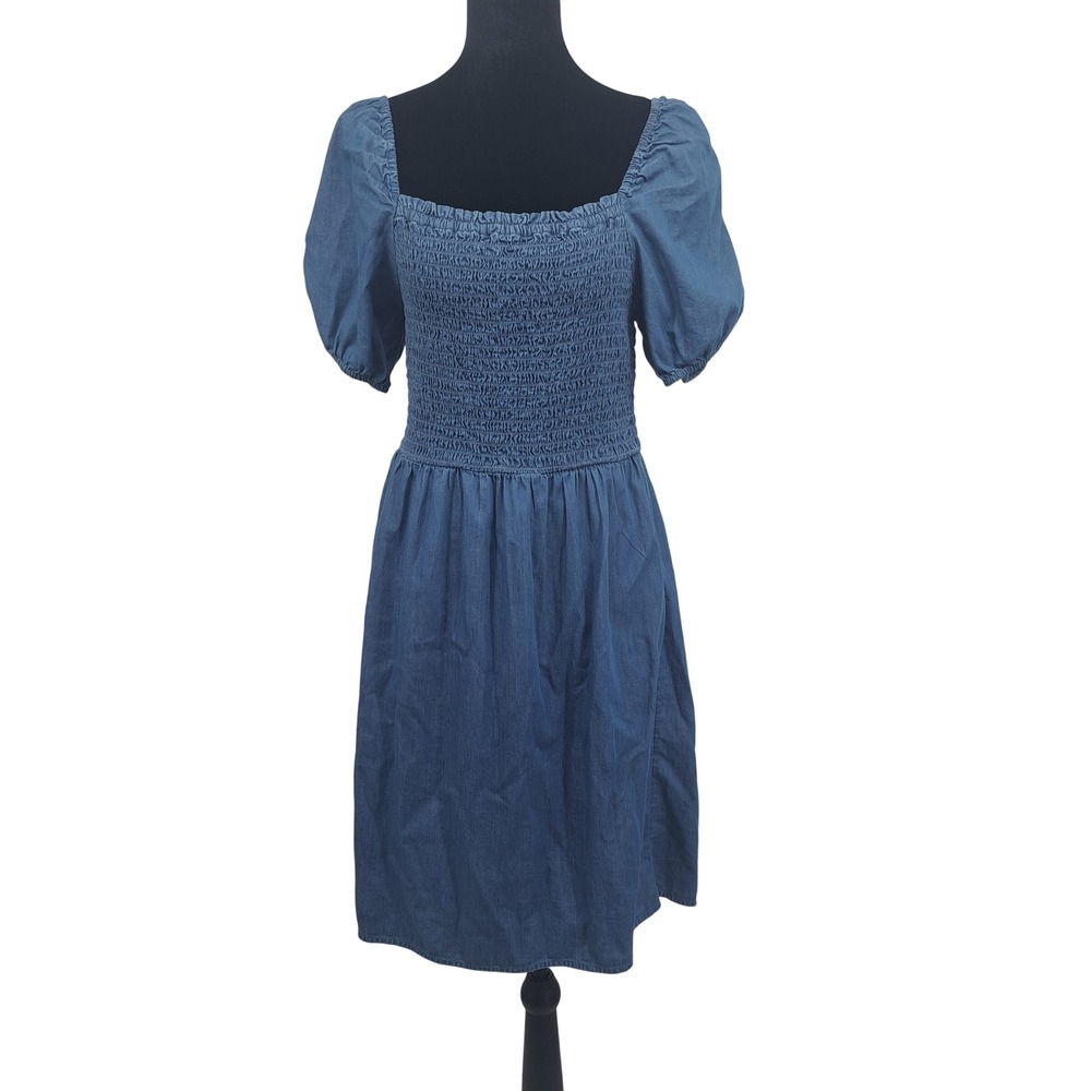 Loft Outlet Smocked Denim Puff Sleeve Mini Dress Blue Small Cottagecore Boho